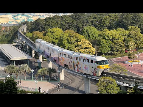 【数少ない高台から】ディズニーリゾートライン　Type C イエロー編成 ドリームゴーラウンドライナー　リゾートゲートウェイ・ステーション発車〜東京ディズニーランド・ステーション到着
