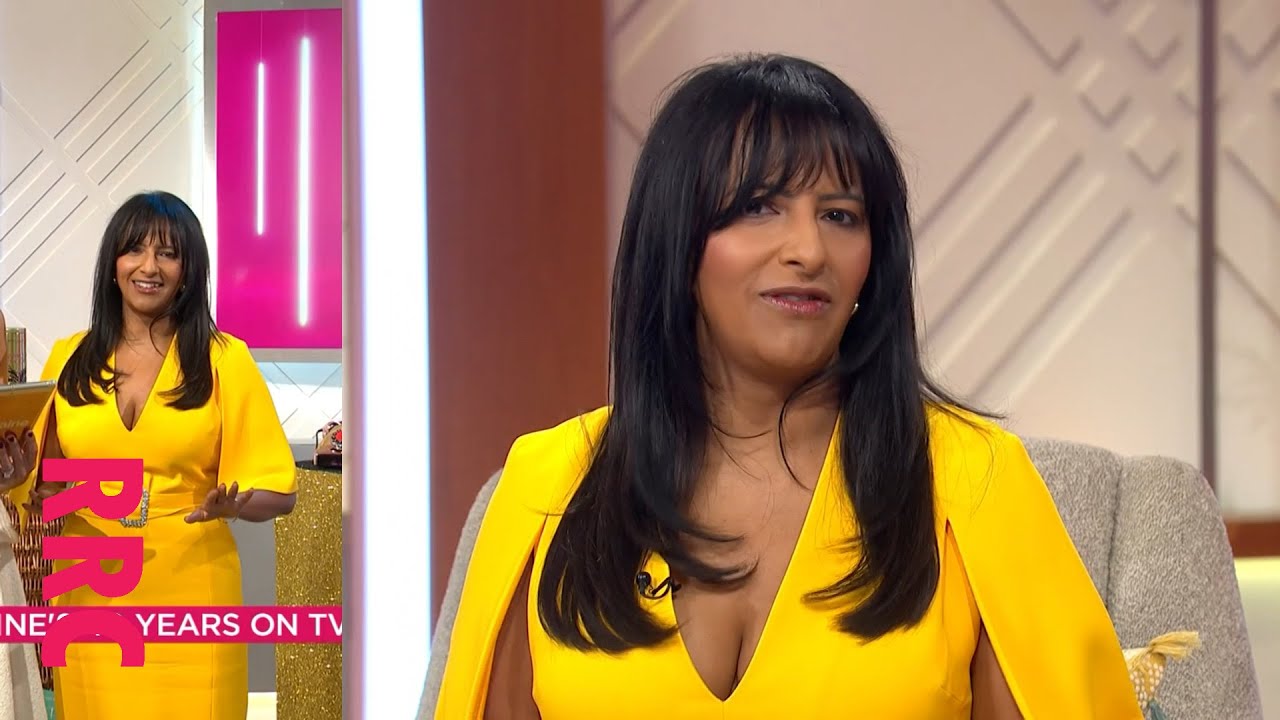 Ranvir Singh @Vneck cleavage in sunny yellow Karen Millen