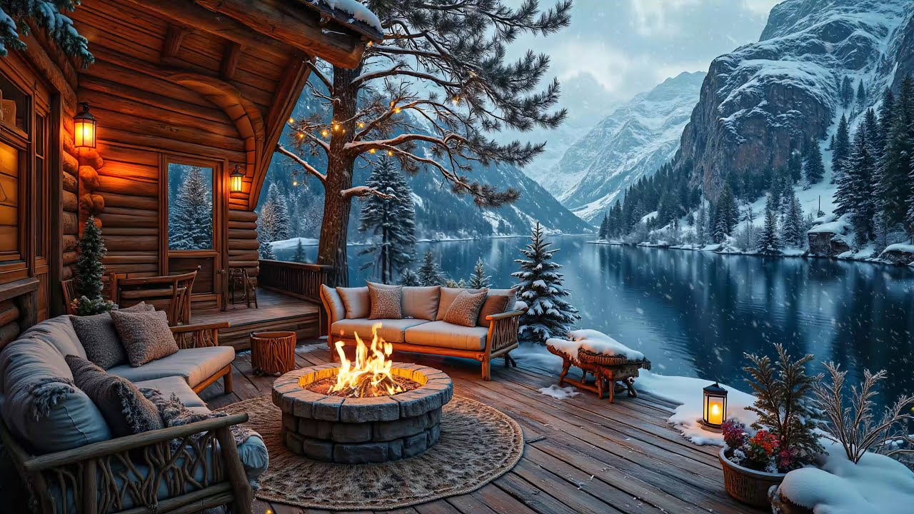 Soothing Winter Piano by the Lake ❄️🔥 Cozy Cabin Fireplace Ambience for Relaxing, Working & Studying