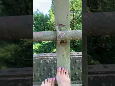 Walking in nature in flip flops then barefoot on canal bridge
