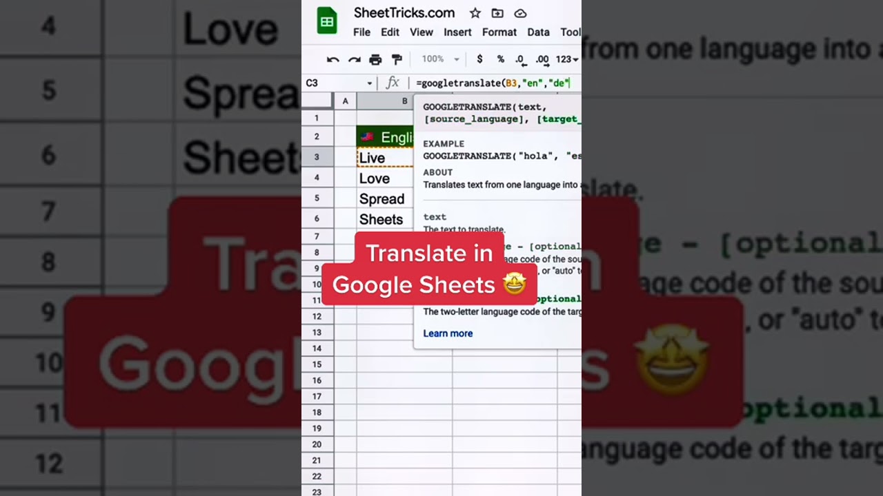 Translate in Google Sheets 😉✌️#googletricks #googlesheets