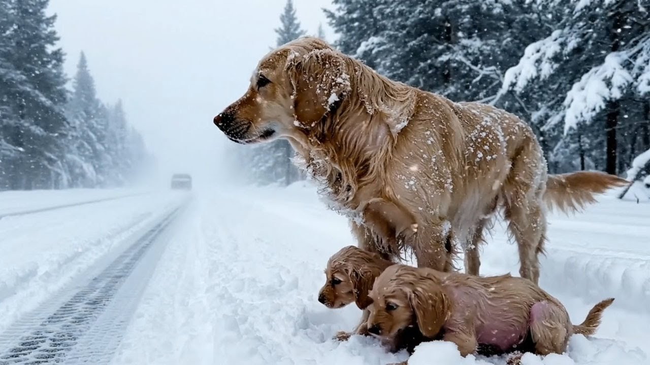 The poor mother dog and her two puppies stood in the middle of a ...