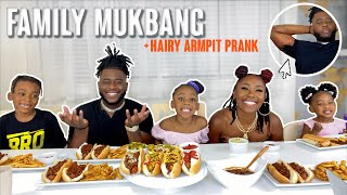 Hairy Armpit Prank! CHILI CHEESE HOTDOG FAMILY MUKBANG | Naveen & Shena