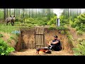Building a dugout  hiding in a shelter from a wild boar