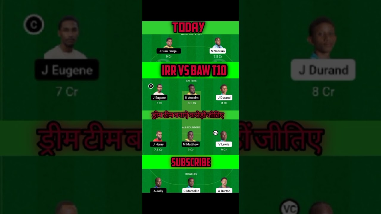 IRR VS BAW T10 TODAY DREAM TEAM|अपनी ड्रिम टिम बनाऐ 