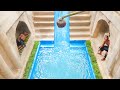 Spend 90 days to build a dream underground temple tunnel and water slide pool