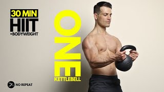 30 min Single Kettlebell HIIT Workout | + Bodyweight | No Jump | No Repeat | Intense