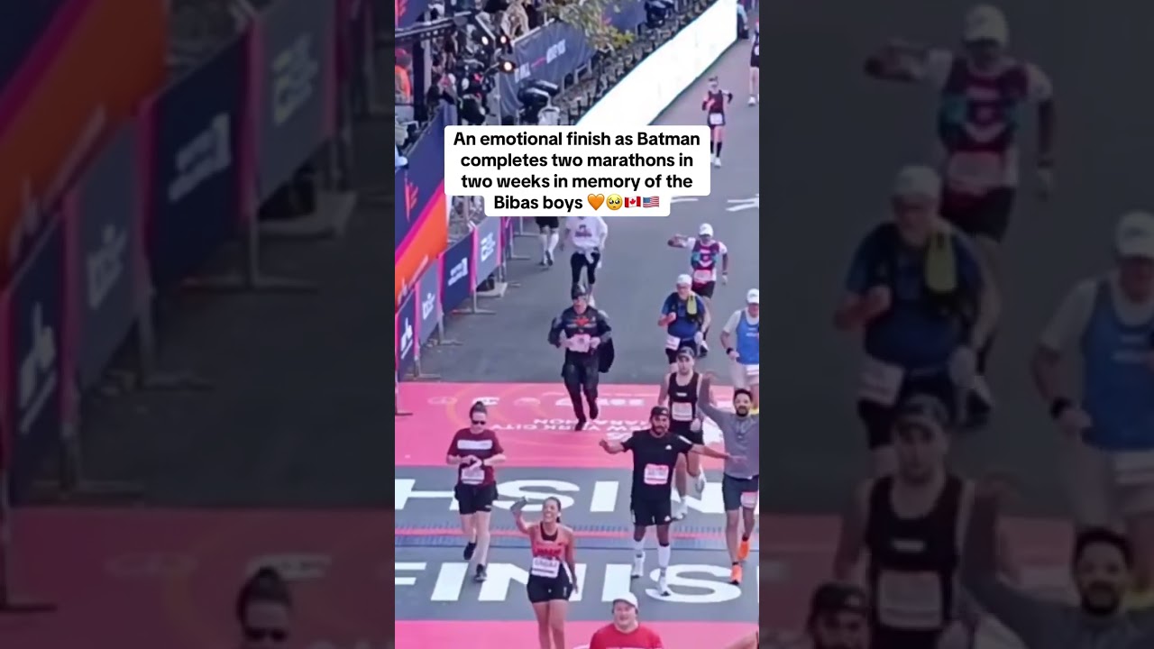 An emotional finish as Batman completes two marathons in two weeks in memory of the Bibas boys 🧡