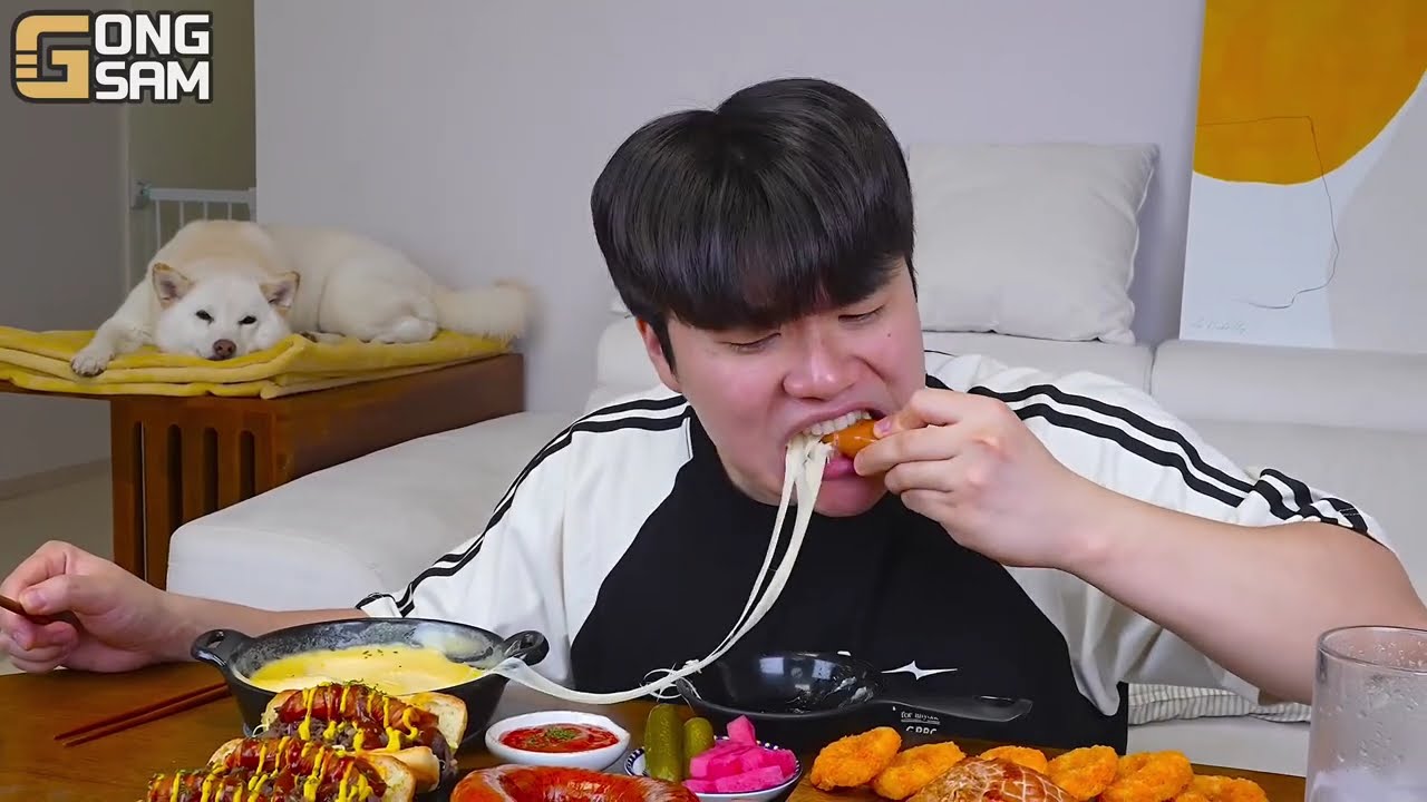 ASMR MUKBANG Giant Homemade Sausage & Buldak Fire Noodles Hot Dog with Shrimp Rings | Eating South