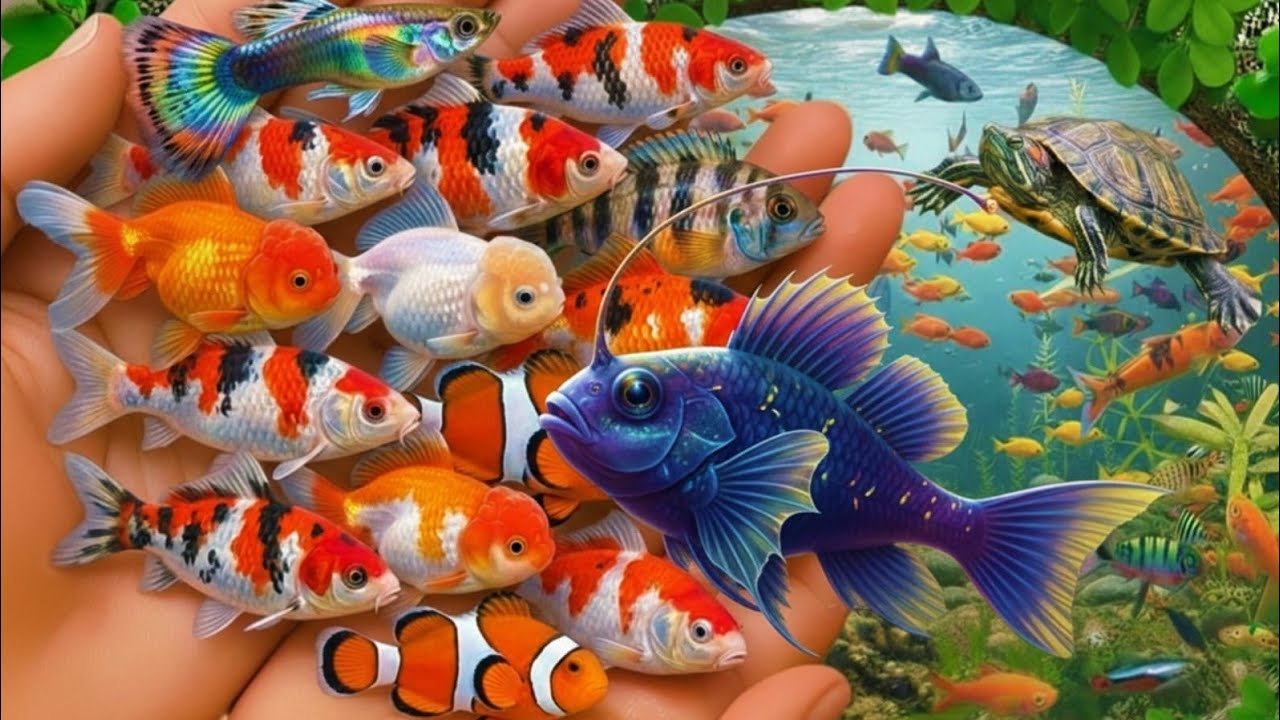 Catch beautiful aquarium fish in small pond baby turtle, eel, koi, pencil fish, cute fish, guppies
