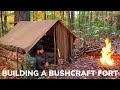 Solo Overnight Building a Fort in The Woods Part 2 and Wild Boars Bacon Stew