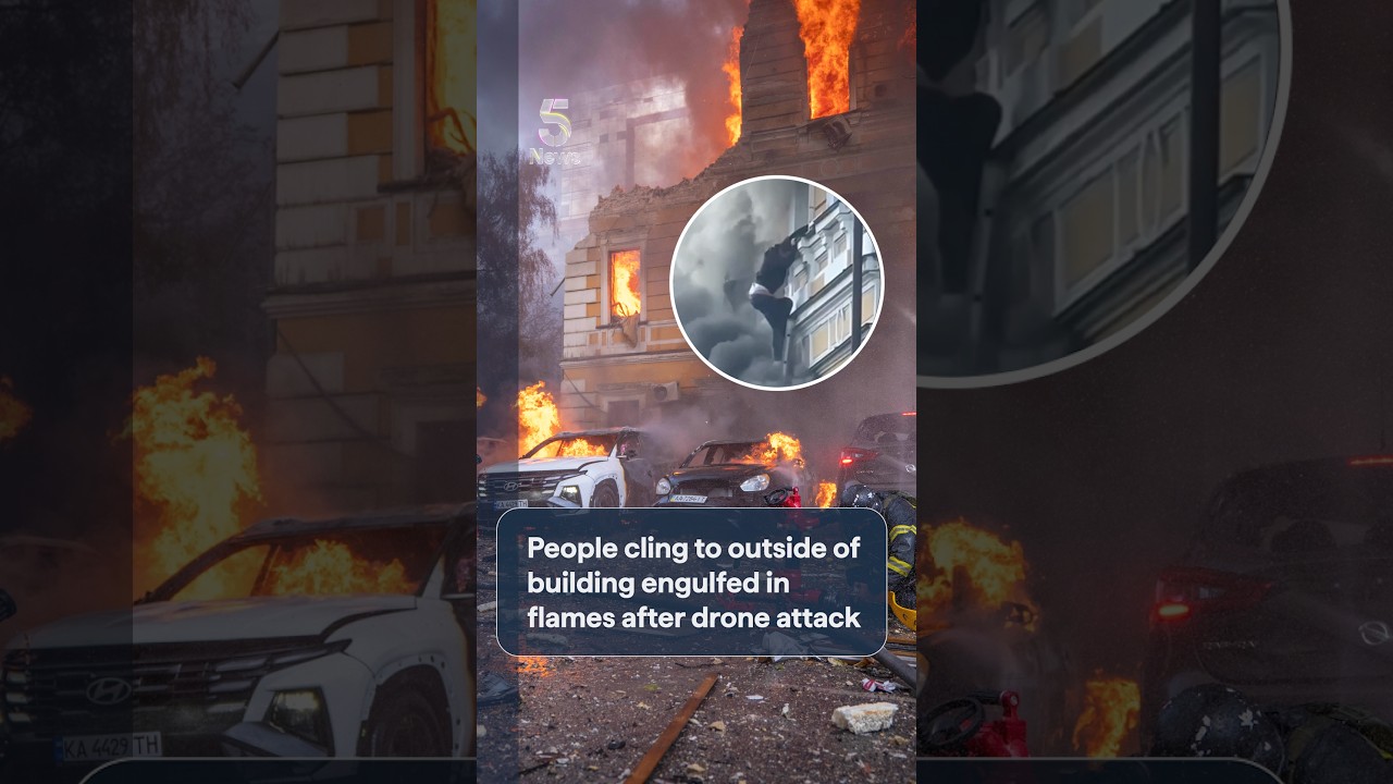 People hang on for their lives as building engulfed in flames after drone attack | 5 News