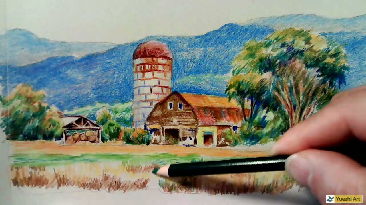 How to draw landscape with color pencil Demo#20 彩色铅笔风景速写画