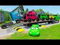 Double Flatbed Trailer Truck vs Speedbumps McQueen Train vs Cars | Tractor vs Train Beamng.Drive #54