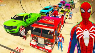 Spiderman And Fire Truck Сhallenge Jump On Mega Rampa ! Superheroes Hulk Goku Monster Trucks - Gta V