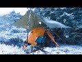 Camping in a snowstorm  winter blizzard  the calm before the storm