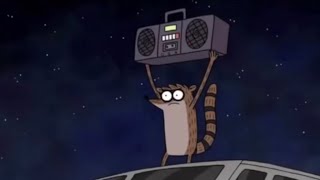 Rigby playing speaker and sitting on bus trending meme template