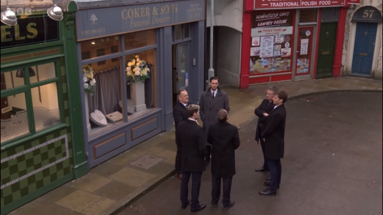 Eastenders Ian Peter Zack Harvey Freddie and Alfie are going to get Martin’s coffin from the cokers