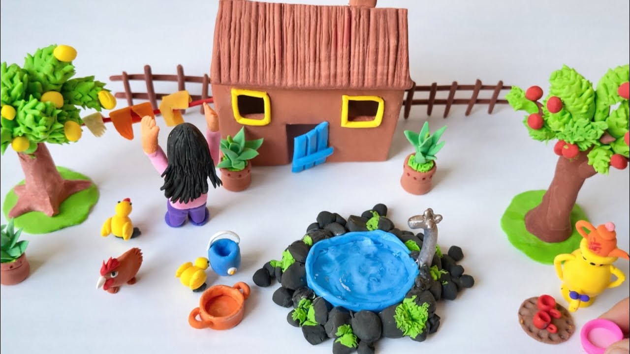 DIY How to Make Polymer Clay Miniature Village House, Tree, Washing Clothes Area,Traditional Samovar