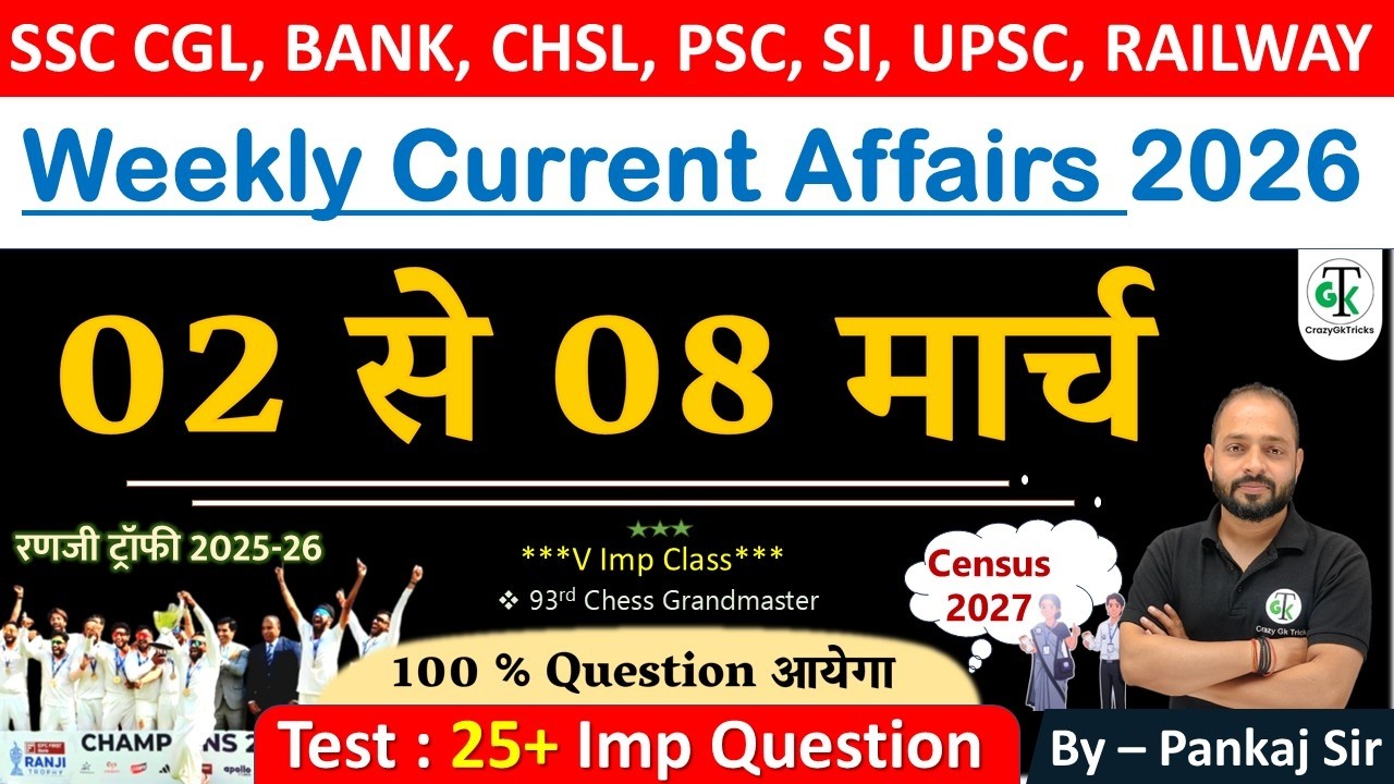 02 - 08 March 2026 Weekly Current Affairs | Most Important Current Affairs 2026 | CrazyGkTrick