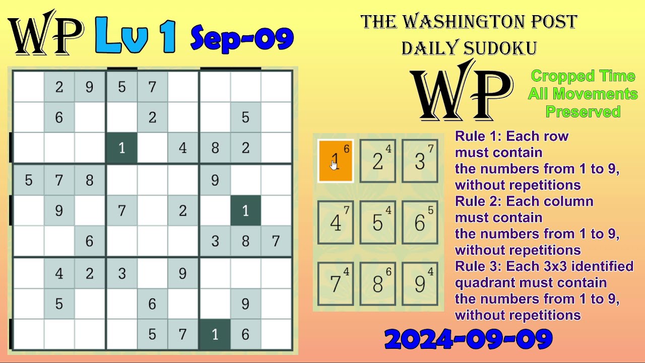 The Washington Post Daily Sudoku 2024-09-09 Level 1 - YouTube