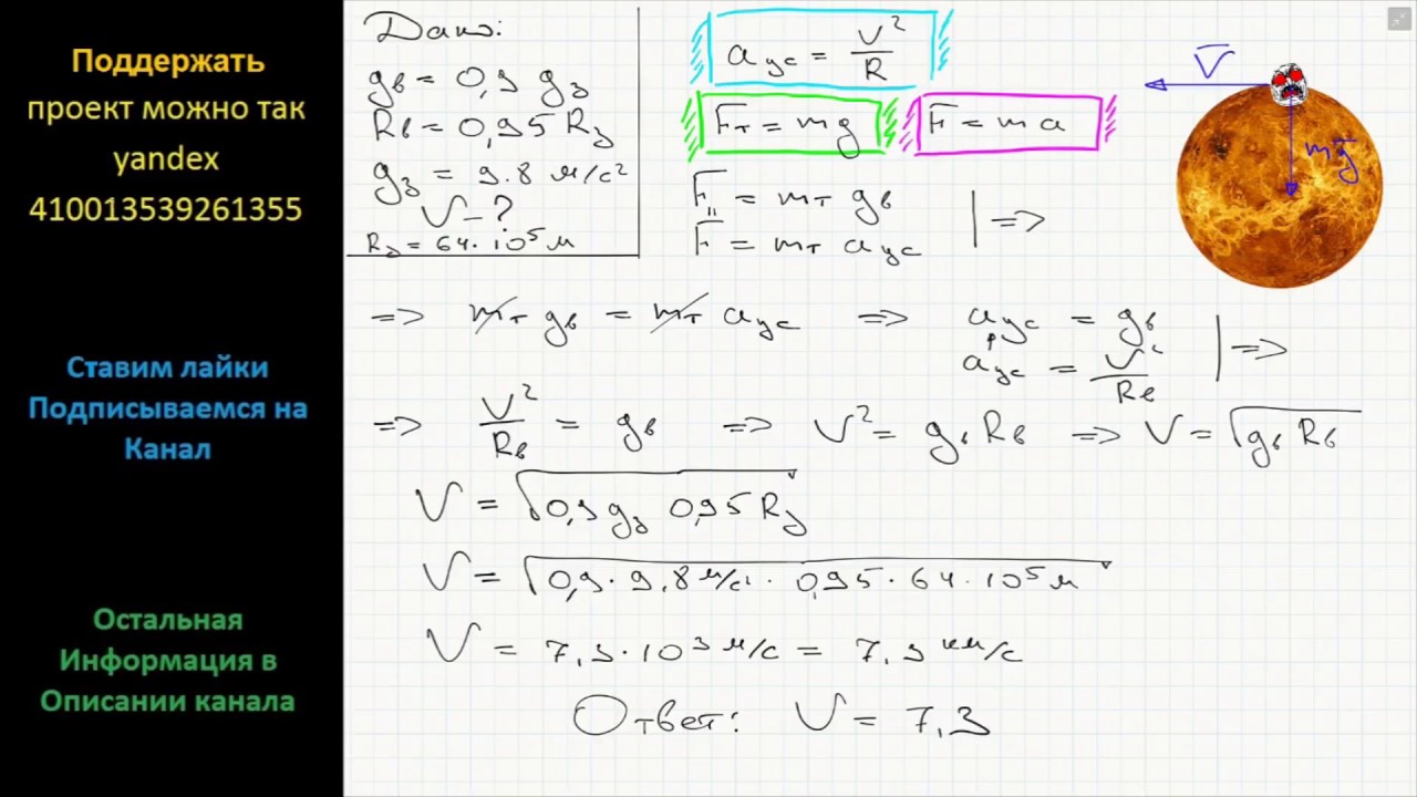 Физика Ускорение свободного падения на Венере составляет 0,9 земного, а ...