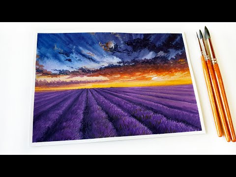 Lavender Field Painting with Watercolor