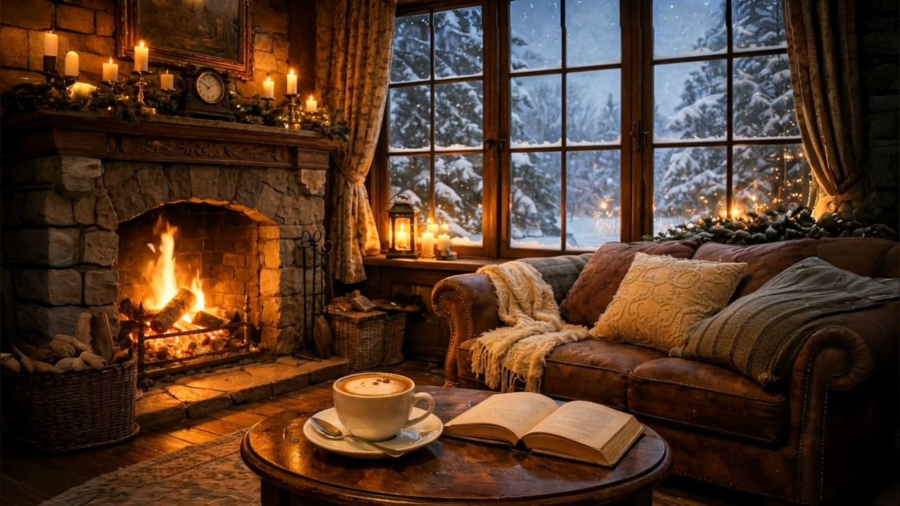 Crackling Fireplace Sound with Snow View — Cozy Winter Ambience for Sleep & Relaxing 