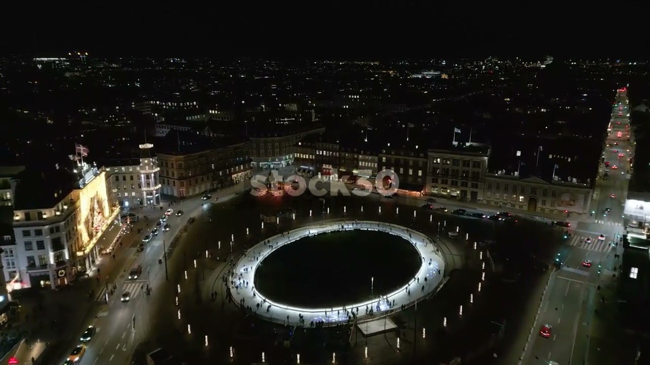 Night Time Drone Shot Flying Over Ice Rink, Copenhagen, Denmark