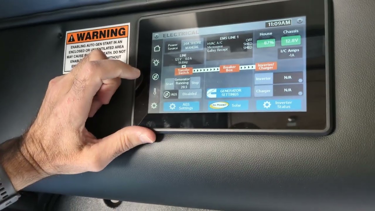 System controls including tank levels, lighting, generator and air conditioning. 