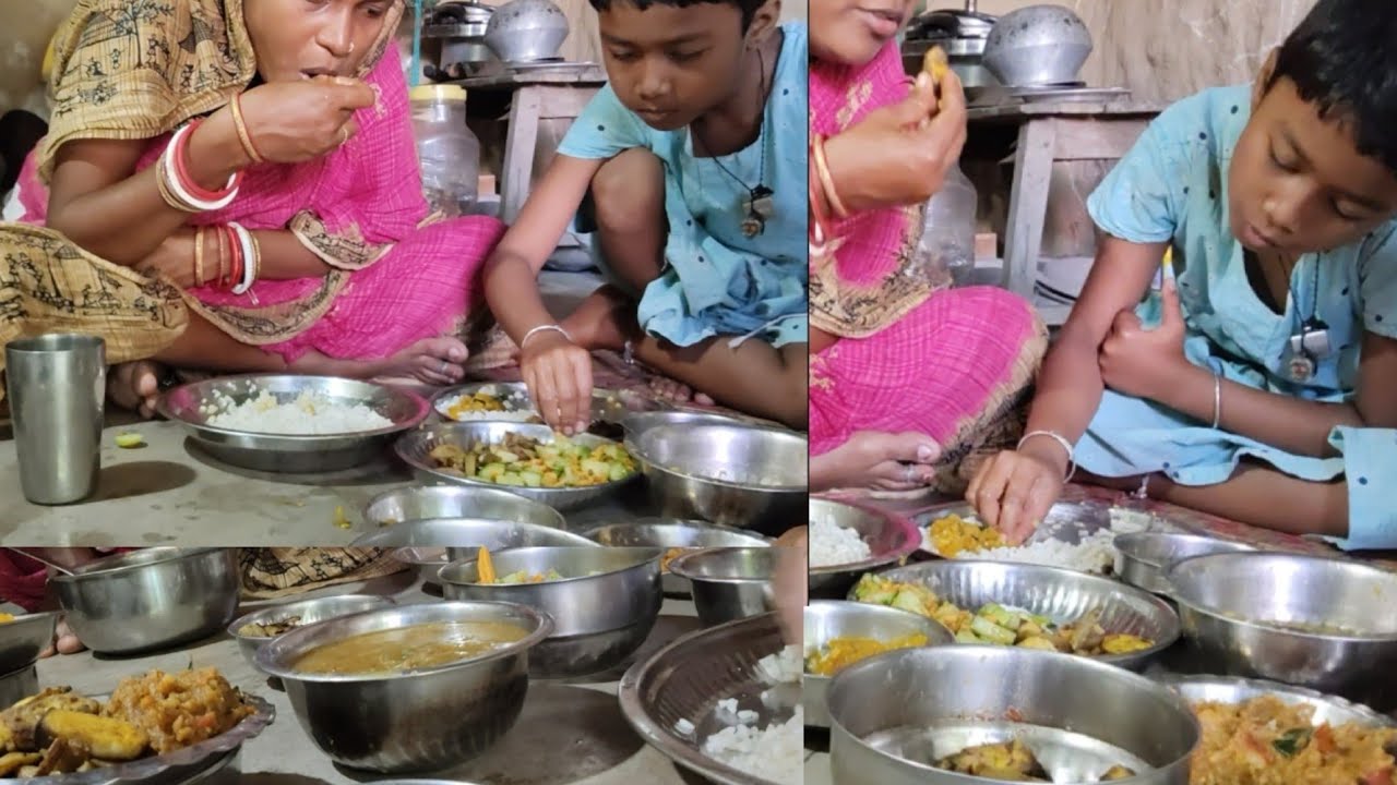 Rice dalama eating || kadali aloo bhaja //aloo baigan tomato bharta //kakudi salat //kakharu khata