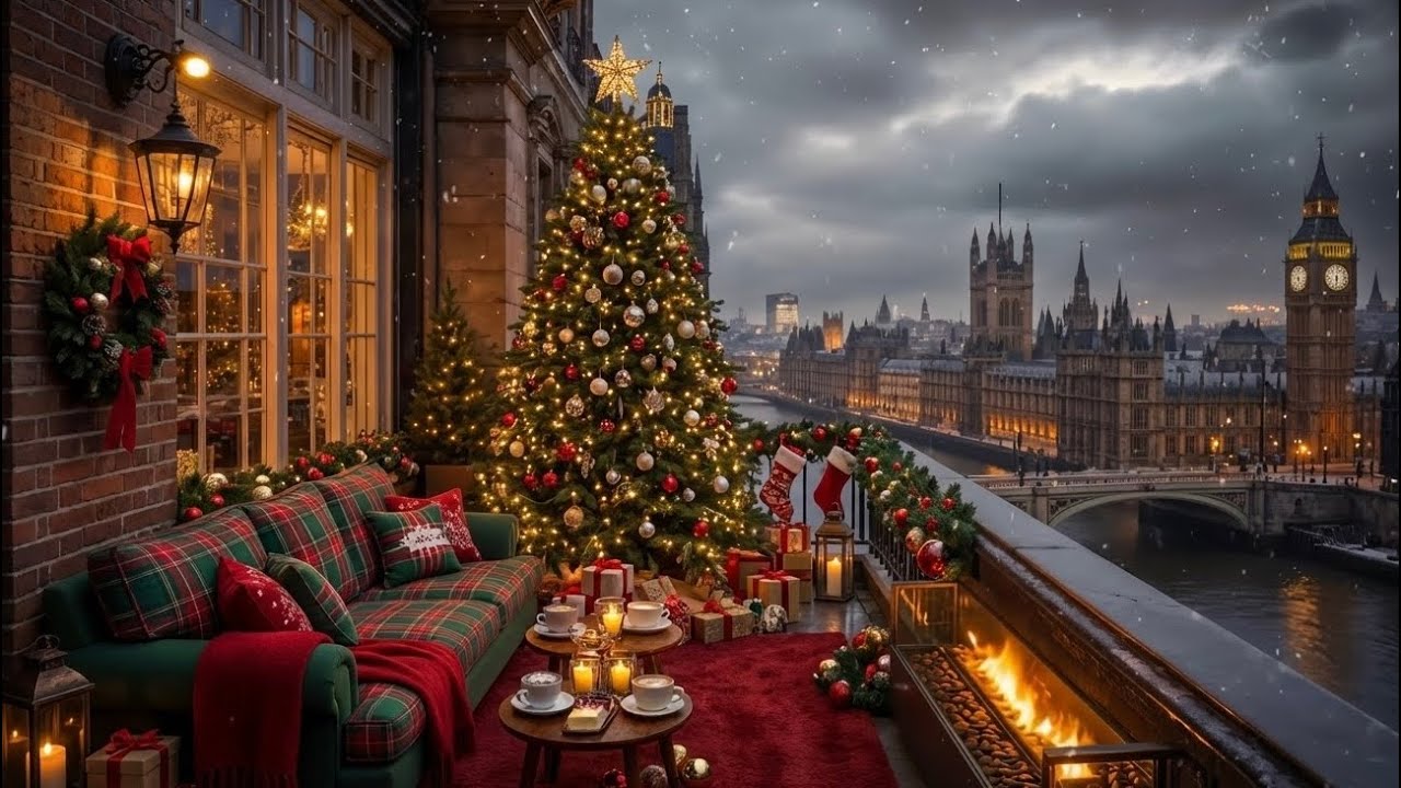 🎄 Cozy Christmas Smooth Jazz With Firplaces Crackles ❄️ Snowfall Beautiful London Balcony Ambience