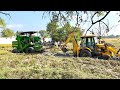 John Deere harvester stuck in mud pulling out by JCB 3DX eco | tractor videos |