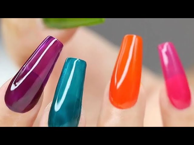 uñas acrilicas efecto gelatina en punta coffin y tonos neones 💚💜💙 - YouTube