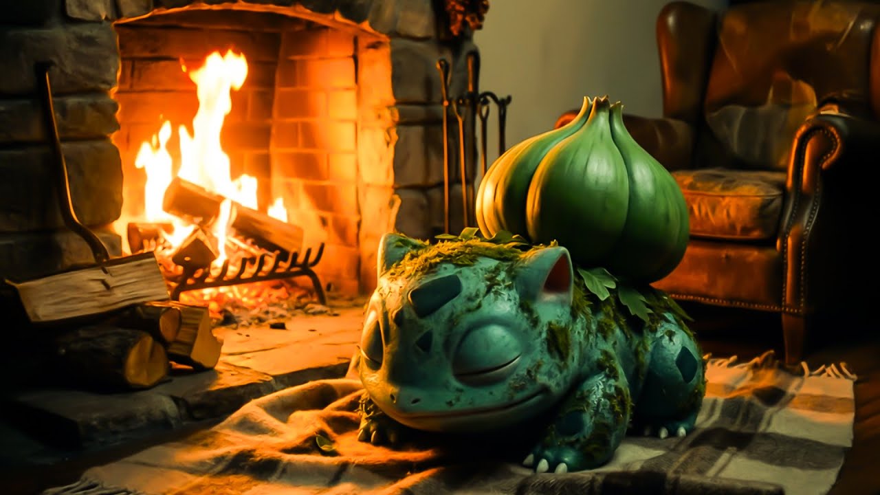 🔥 Bulbasaur by the Fireplace 🌿 | Cozy Pokémon Lofi for Relax & Sleep 🌙