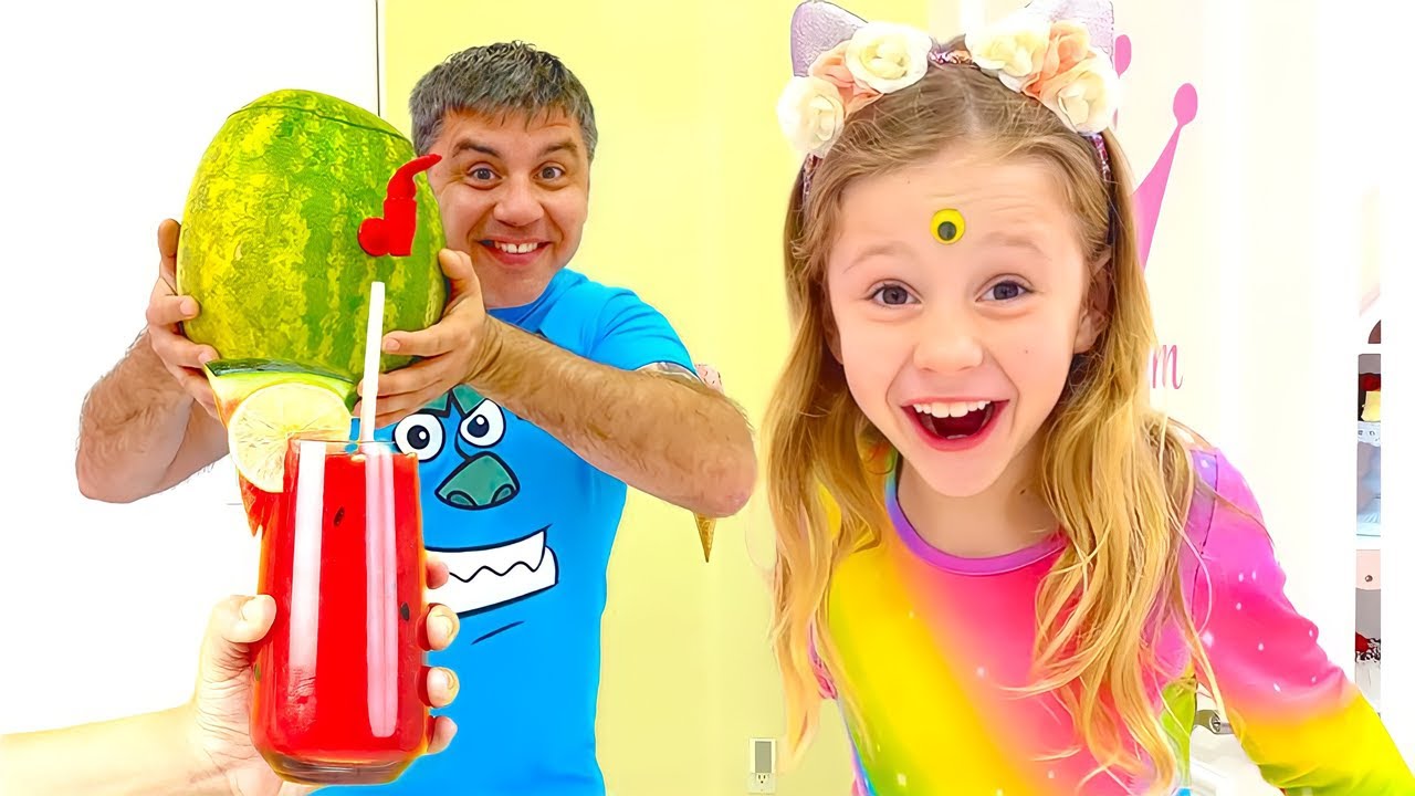 Nastya y su amiga hacen figuras de animales de verduras y frutas