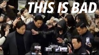 jungkook almost falls being mobbed at airport. this needs to stop.