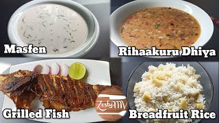 Masfen, Rihaakuru dhiya, grilled fish & breadfruit rice / Maldivian food