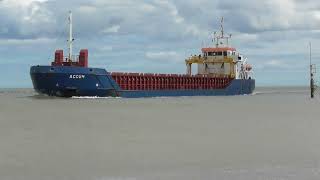 General cargo ship ACCUM  86 x 12m, coming into Mornington. 19 Aug 2023.