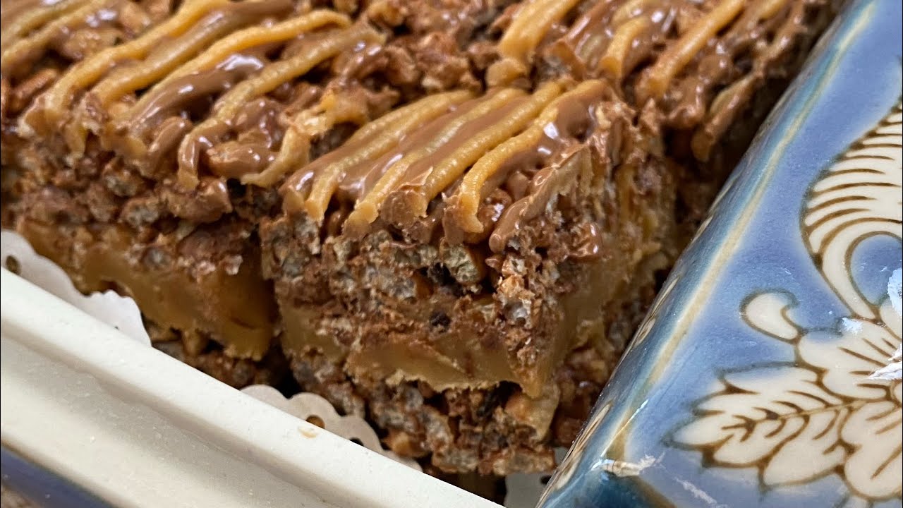 حلى سهل وسريع مكعبات الكراميل المقرمشه ، Crunchy rice with chocolate and caramel