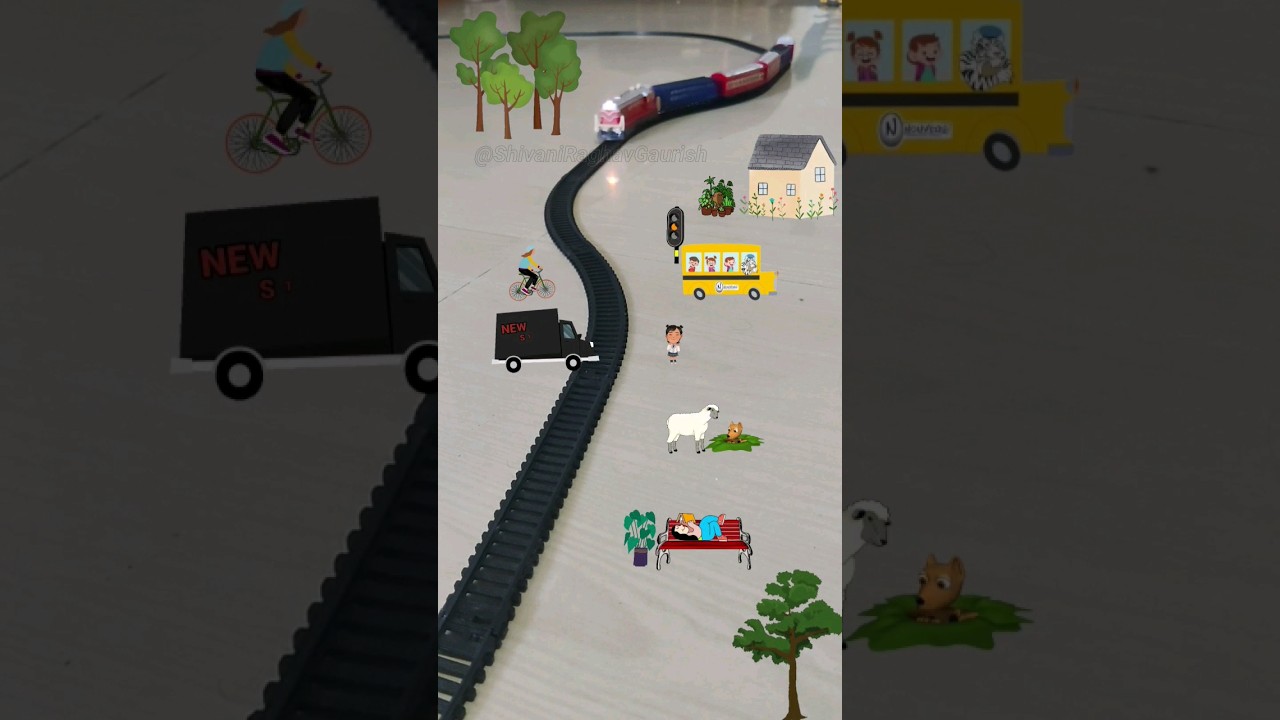 A truck is passing a school bus near a railway track and train is  approaching fast | Train in USA