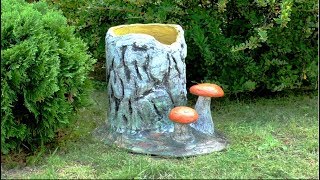 Идеи для дачи своими руками. Садовое кашпо Пенёк с грибами / Cache pot garden of concrete/ A - Video