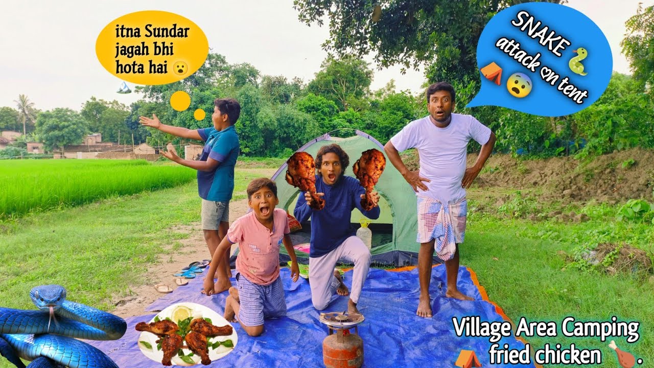 Village Area Camping ⛺ | Snake 🐍 Attack on tent,😱 ( banaya KFC chicken 🍗 leg piece 😋
