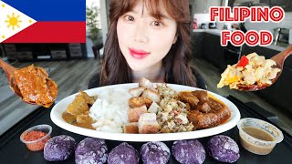 FILIPINO FOOD MUKBANG 먹방 (Beef Kare Kare, Lechon Kawali, Pork Sisig, Beef Caldereta, Ube Crinkles)