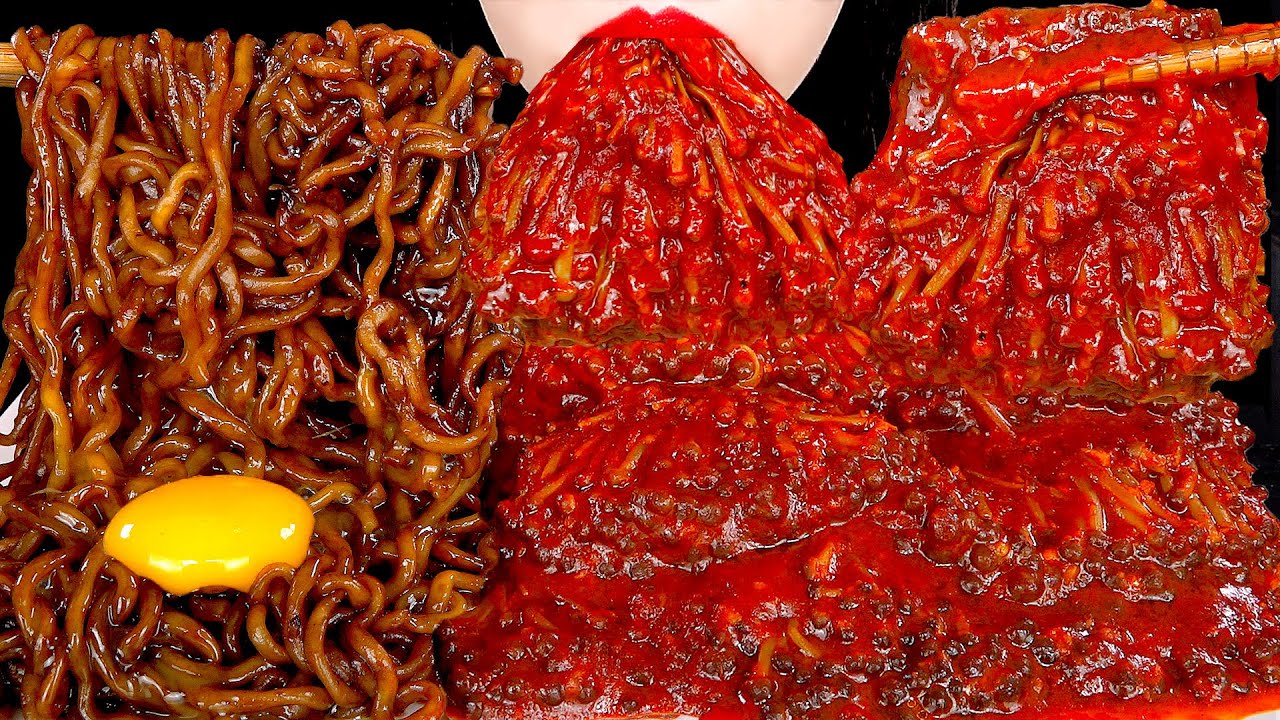 ASMR TRUFFLE BLACK BEAN NOODLES SPICY ENOKI MUSHROOMS 불닭팽이버섯 트러플짜파게티 먹방 MUKBANG EATING SOUNDS 咀嚼音