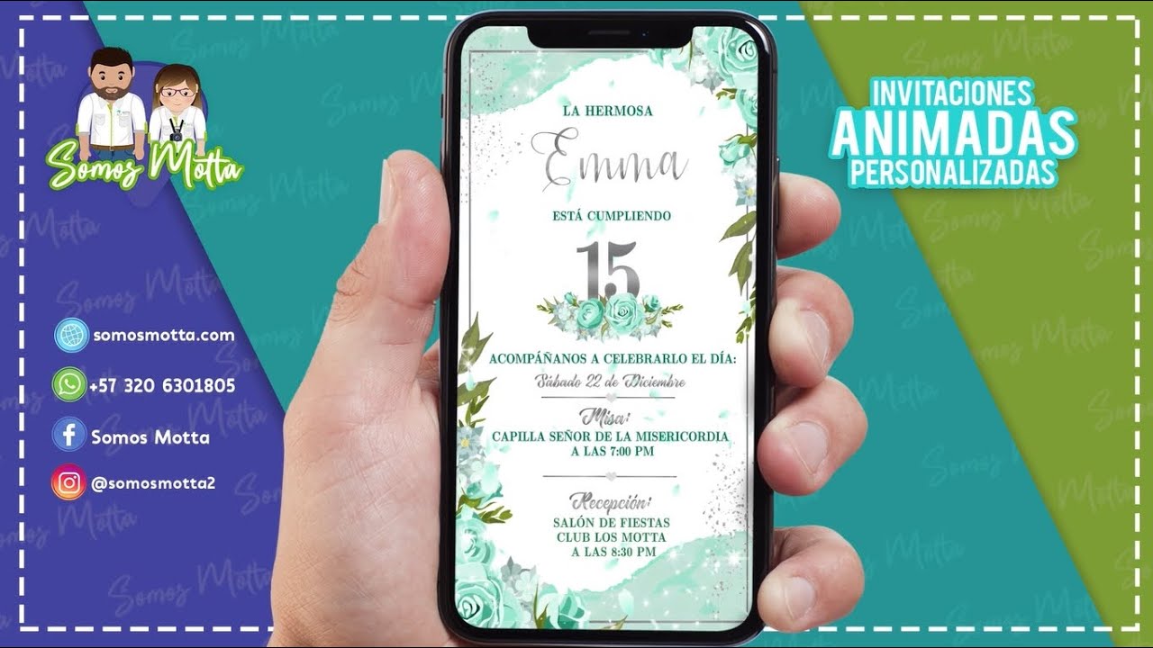 TARJETA DE INVITACIÓN 15 AÑOS VERDE ESMERALDA Somos Motta, image size:1280x720