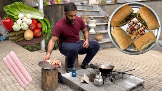 IRAN Rural Style Sosis Bandari with baguette bread and delicious spices   Countryside Cooking Vlog