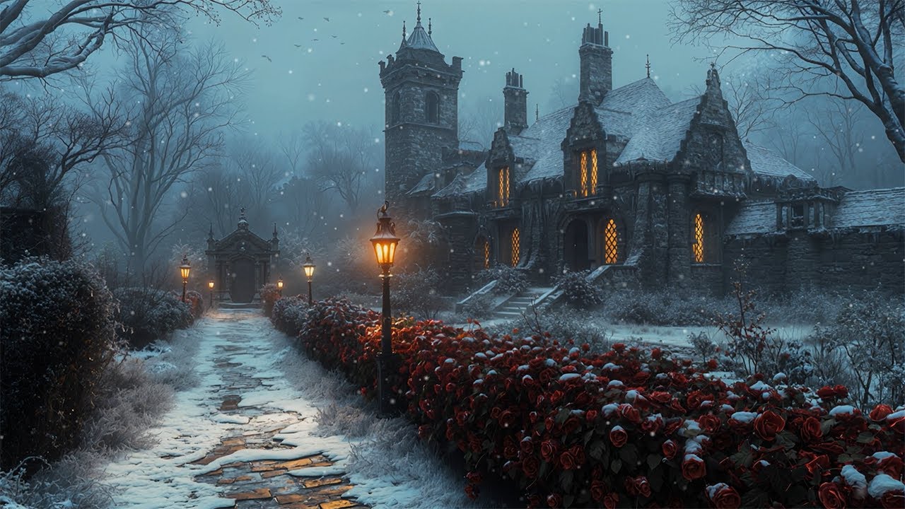 Snowy Rose Garden at the Old Gothic Mansion | Haunted Piano & Cello | Dark Academia Winter Ambience