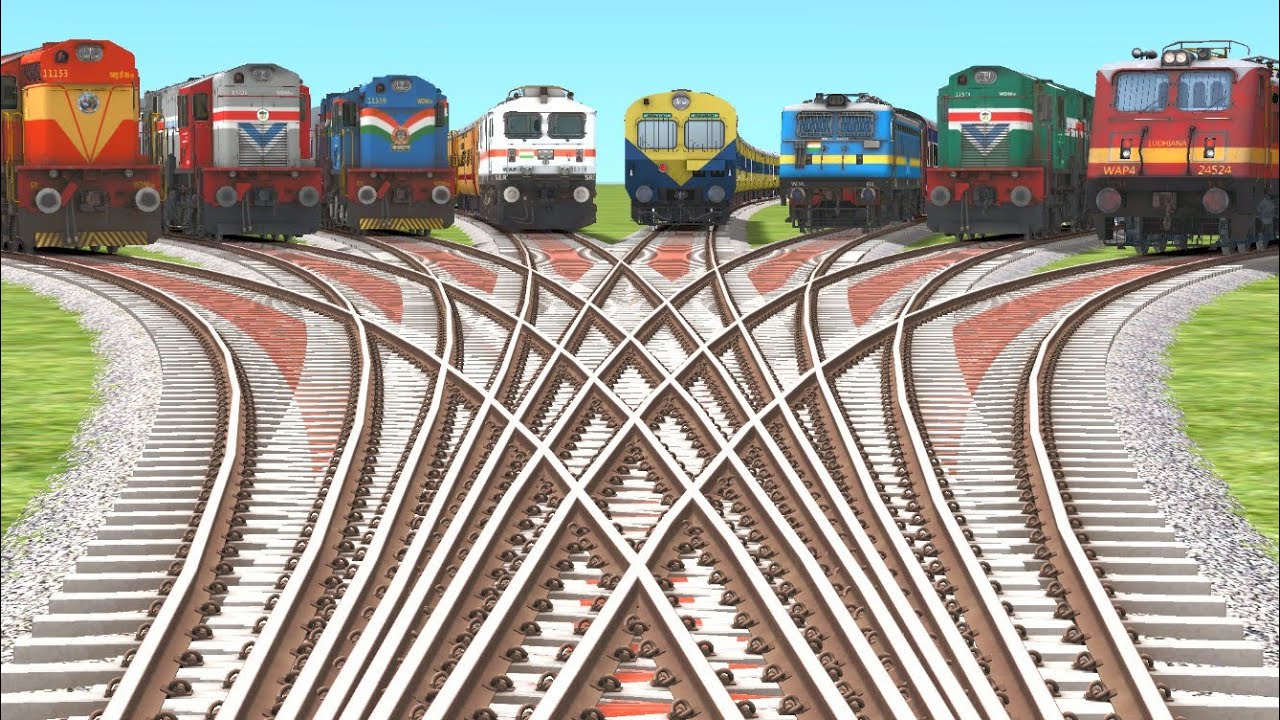 8 TRAIN CROSSING ON MULTI CURVED INDIAN RAILROAD TRACK ELECTRIC