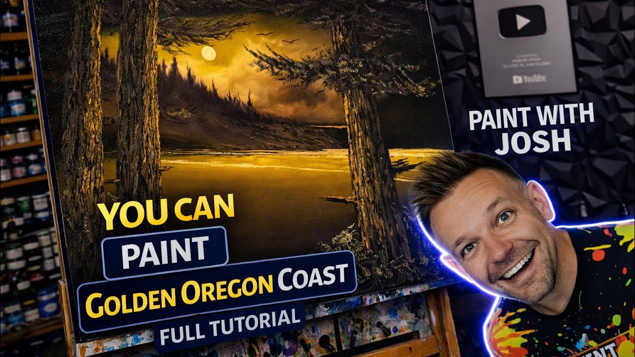Golden Oregon Coast Seascape Tutorial - #paintingtutorial #PaintWithJosh #bobross #oilpainting